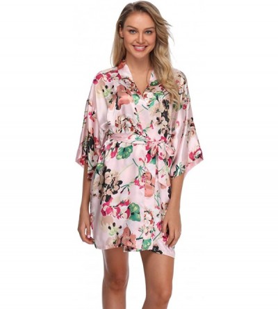 Robes Women's Floral Satin Kimono Robes Short Bridesmaid Robes for Wedding Party - Pink - C618H0ZH9QE $11.12