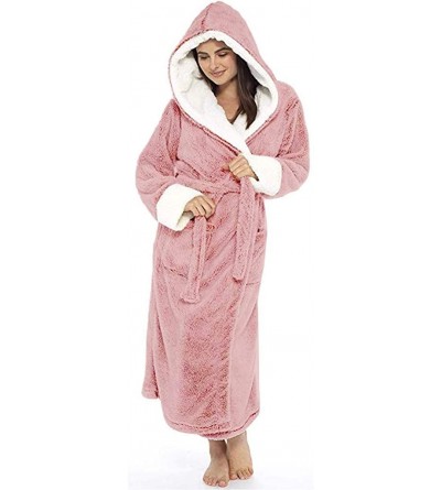 Robes Womens Plush Fleece Robe with Hood Winter Warm Comfy Bathrobe Long Sleeve Solid Color Sleepwear Plus Size 2 pink - CC19...
