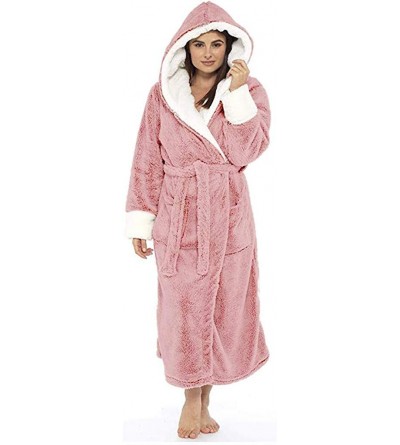 Robes Womens Plush Fleece Robe with Hood Winter Warm Comfy Bathrobe Long Sleeve Solid Color Sleepwear Plus Size 2 pink - CC19...