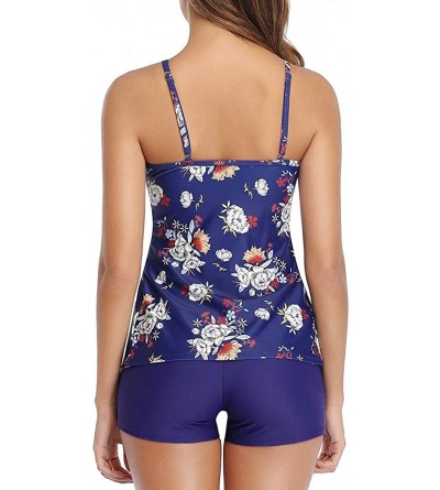 Thermal Underwear Women 2 Piece Tankini Suits Flounce Printed Ruffle Top with Boyshorts Swimsuit Swimwear Bikini Set - Blue F...