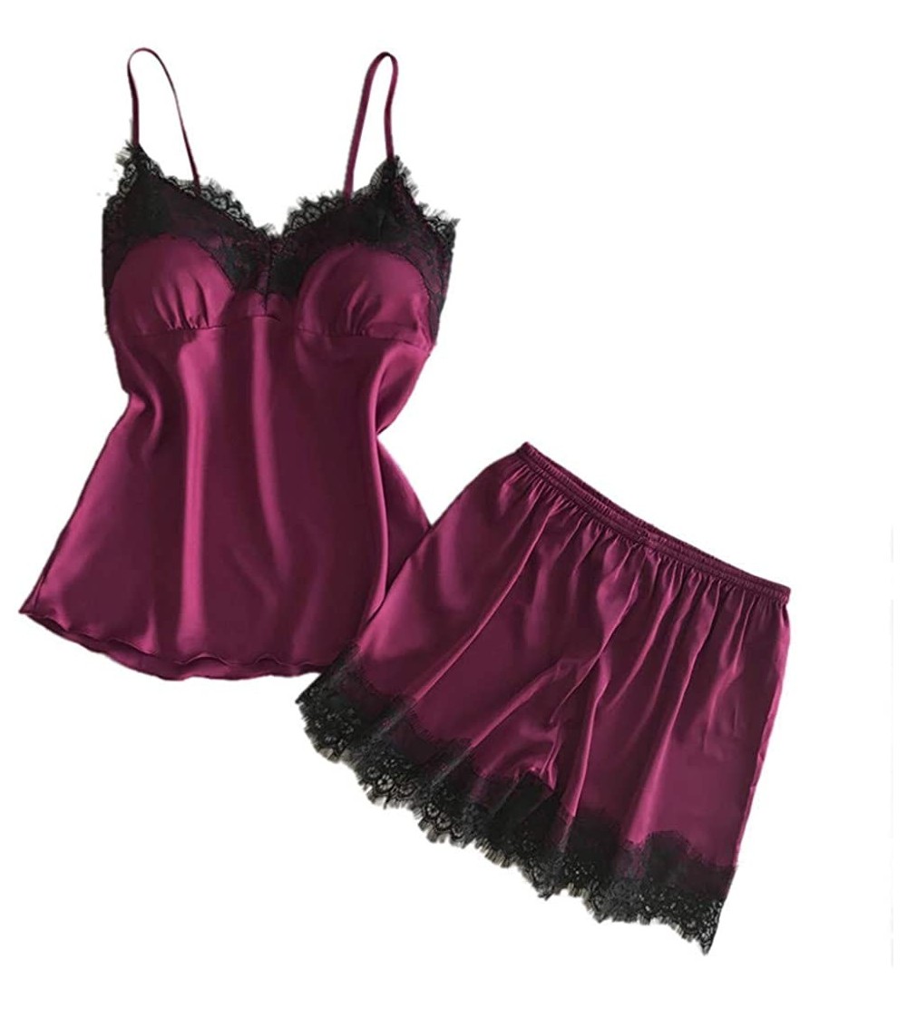 Sets Womens Sexy Satin Sling Sleepwear Lingerie Lace Bowknot Nightdress Underwear - A-red - CF198E4OD6X $18.33