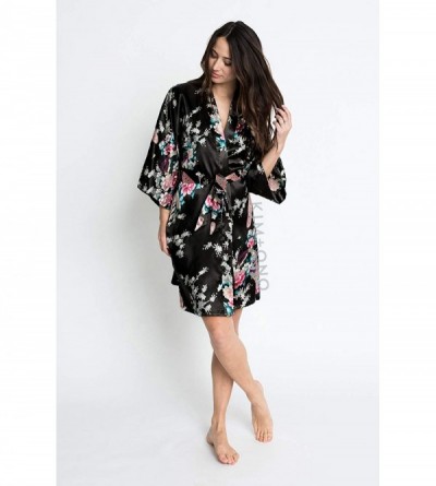 Robes Women's Satin Kimono Robe Short - Peacock & Blossoms - Black - CI11RH3SSYP $33.28