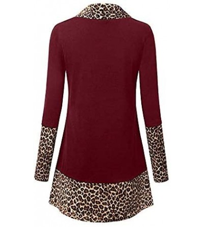 Thermal Underwear Women Turtleneck Blouse Leopard Print Long Sleeve Casual Patchwork Tunic Sweatshirt Pullover Tops - Red - C...