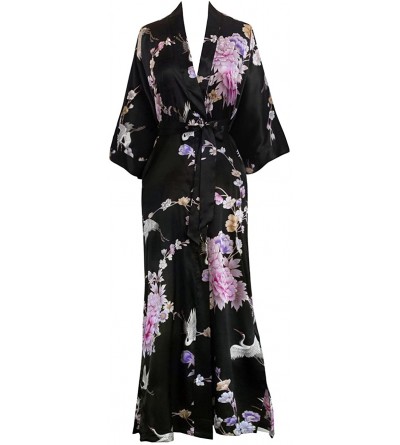 Robes Women's Satin Kimono Robe Long - Floral - Chrysanthemum & Crane - Black - C612I3NGGB9 $35.62