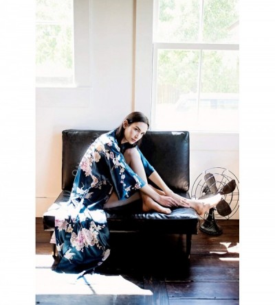 Robes Women's Satin Kimono Robe Long - Floral - Chrysanthemum & Crane - Black - C612I3NGGB9 $35.62