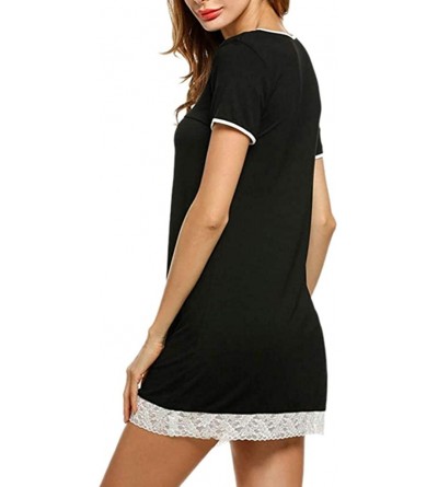 Nightgowns & Sleepshirts Womens New Soft Loose Sleepwear with Lace Nightgown Short Sleeve Sleep Shirt Dress - Black - CE18OYS...