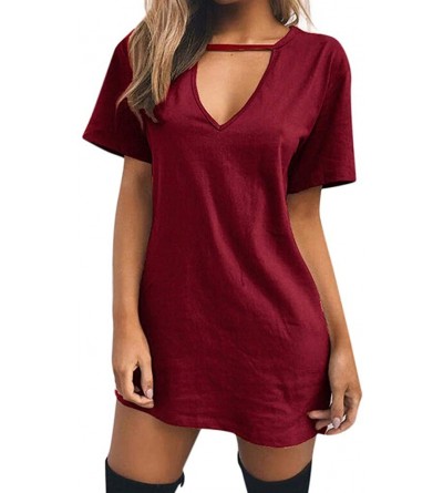 Robes Evening Dresses Sexy Casual Loose Mini Dress Short Sleeve Jumper Baggy Party Dress Choker Strap V Neck Dress Wine - CY1...