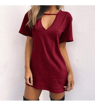 Robes Evening Dresses Sexy Casual Loose Mini Dress Short Sleeve Jumper Baggy Party Dress Choker Strap V Neck Dress Wine - CY1...