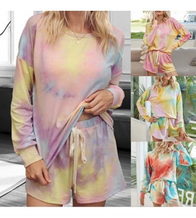 Sets Womens Sleepwear Sets Womens Casual Tie Dye Long Sleeve Pajama Shorts Set Drawstring Pj Loungewear Sleepwear Z3 pink - C...