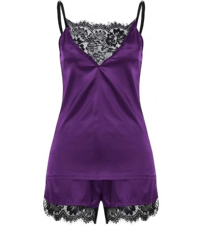 Sets Womens Soft Satin Pajamas Set Solid Color Lace Trim Lingerie Cami Top + Bowknot Shorts 2 Piece Nightwear S L E purple - ...