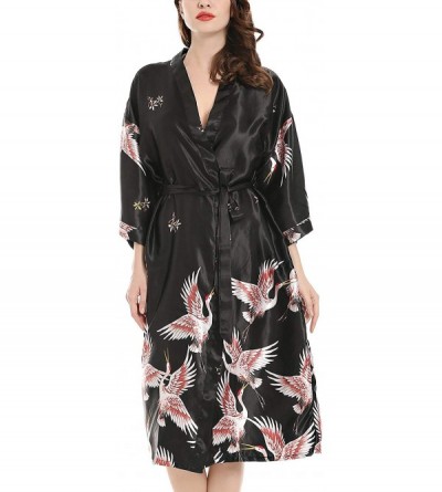 Robes Women's Luxury Silk Robes 3/4 Sleeve Kimono Loungewear Brides Satin Crane Nightwear - Black - CW18TRZ30ZK $24.14