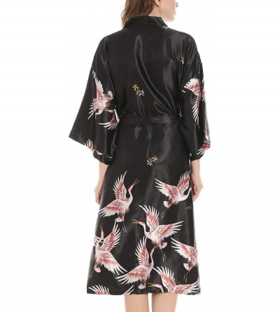 Robes Women's Luxury Silk Robes 3/4 Sleeve Kimono Loungewear Brides Satin Crane Nightwear - Black - CW18TRZ30ZK $24.14
