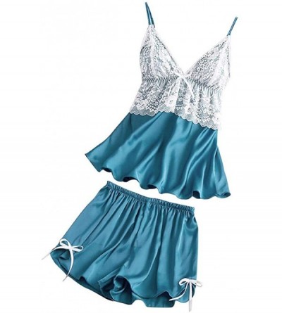 Sets Women Satin Lace V-Neck Camisole Bowknot Shorts Set Sleepwear Pajamas Lingerie - Light Blue - CX194TM3DD0 $27.31