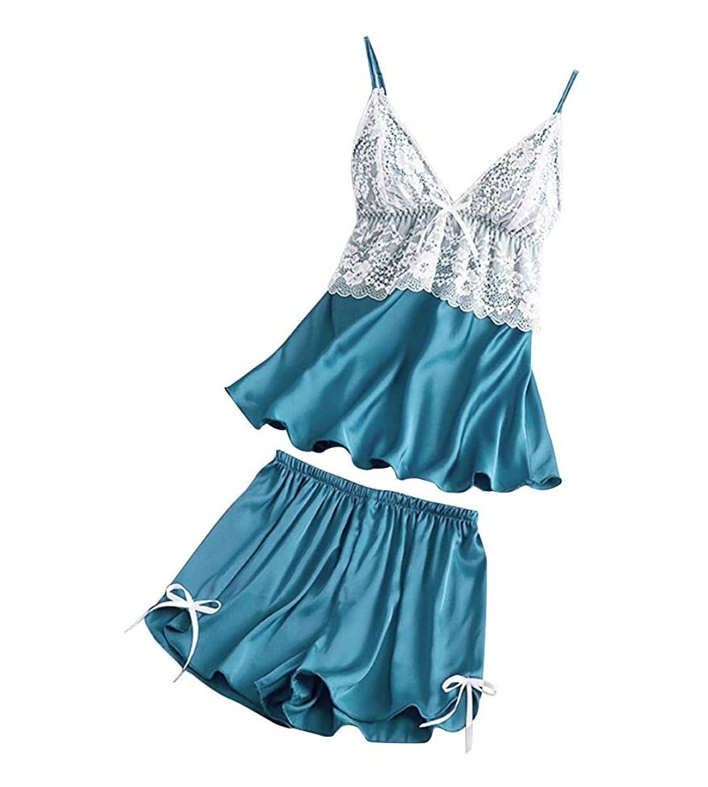 Sets Women Satin Lace V-Neck Camisole Bowknot Shorts Set Sleepwear Pajamas Lingerie - Light Blue - CX194TM3DD0 $14.93