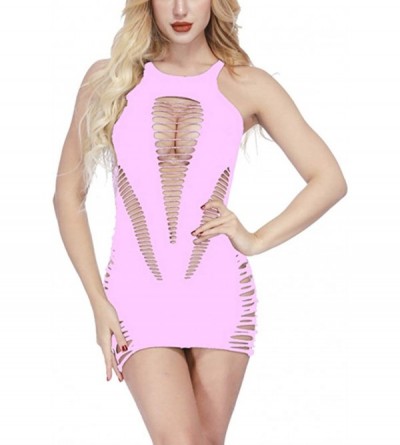 Nightgowns & Sleepshirts Women's Mesh Lingerie Fishnet Babydoll Deep V Mini Dres Plus Size Underwear - Pink - C518YDGKT86 $7.52