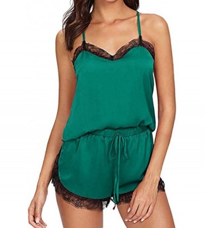 Sets Women Satin Pajamas Set Silk Lace Sleepwear Cami Nightwear Shorts Lingerie 2 Pcs Pajamas - Green - CA18TE776DR $8.82