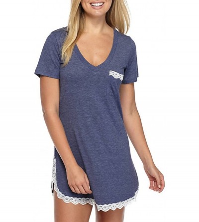 Robes Sleepwear Womens Nightgown Cotton Sleep Shirt Dress Short Sleeve Lace V Neck Trim Soft Nightshirt - Blue - CV189AUUCHX ...