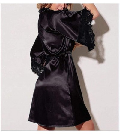 Robes Womens Kimono Robes Sexy Nightdress Silk Sleepwear Satin V-Neck Bathrobe Nightwear Nightgown with Belt - 01 Black - CW1...