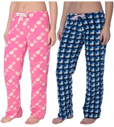 Bottoms 2 Pack Women's Pajama Plush Super-Soft Fleece Pajama/Lounge Pants - 2 Pack Blue Checkers / Hot Pink Love - CZ18LUR06X...