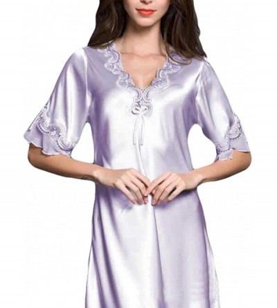 Nightgowns & Sleepshirts Short Sleeve Plus Size Satin Lace V-Neck Summer Nightgown Sleep Dress Sleepwear - Purple - CI19DNRRI...