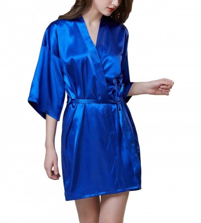 Robes Women's Luxury Short Silk Robes Half Sleeve Kimono Sleepwear Satin Soft Loungewear - Blue - CN18T80NESG $19.35