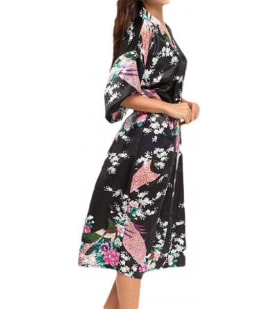 Robes Womens Floral Print Soft Charmeuse Comfort Lounge Robe with Belt - Black - CQ199SMYURX $44.64