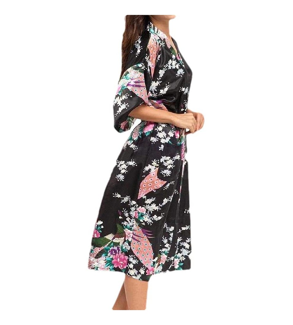 Robes Womens Floral Print Soft Charmeuse Comfort Lounge Robe with Belt - Black - CQ199SMYURX $23.19