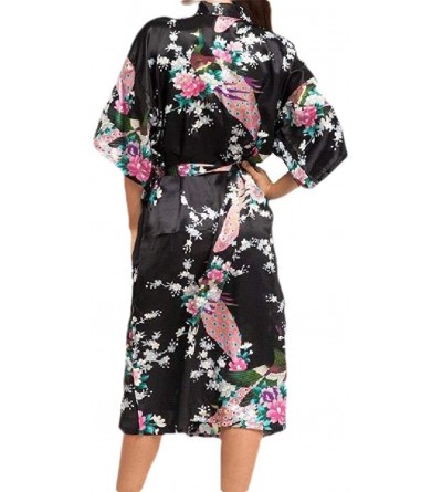 Robes Womens Floral Print Soft Charmeuse Comfort Lounge Robe with Belt - Black - CQ199SMYURX $23.19