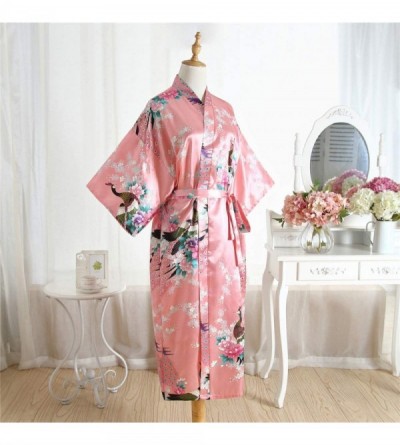 Robes Kimono Long Bath Robe Gown Silky Peacock Bridesmaid Bridal Yukata Shower Womens Gift - Coral Red - CB194D2O7LL $17.90