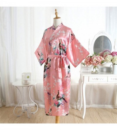 Robes Kimono Long Bath Robe Gown Silky Peacock Bridesmaid Bridal Yukata Shower Womens Gift - Coral Red - CB194D2O7LL $17.90