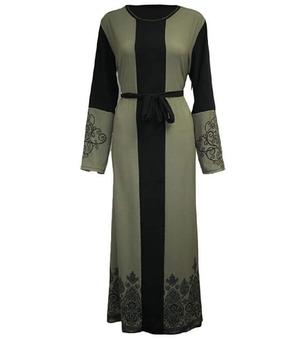 Robes Casual Long Sleeve Islamic Muslim Abaya Robe Floral Print Maxi Dress - Grey - C2198N85H8K $31.03
