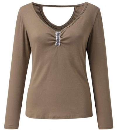 Tops Women Fashion Long Sleeve V Neck Slim Casual Knitted Pullover Top Blouse - Brown - C318WZANS4X $15.76