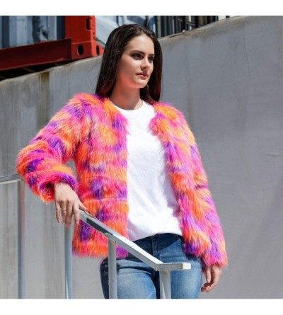 Tops Women Colorful Fuax Fur Coat Multicolor Pink Jacket Vest Luxury Party Wear Clubwear Outwear Loose Cardigan Outwear B - C...