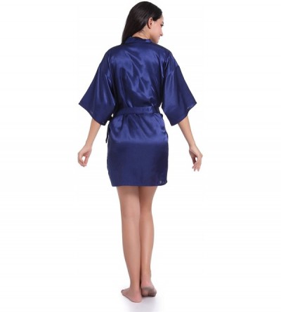 Robes Women's Kimono Robes Satin Pure Color Short Style Oblique V-Neck Robe Bridesmaid Wedding Short Sleeve - Navy Blue - CP1...