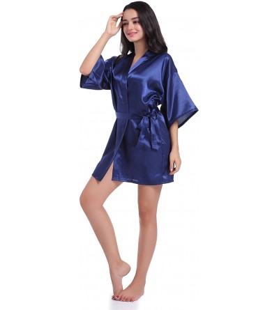 Robes Women's Kimono Robes Satin Pure Color Short Style Oblique V-Neck Robe Bridesmaid Wedding Short Sleeve - Navy Blue - CP1...