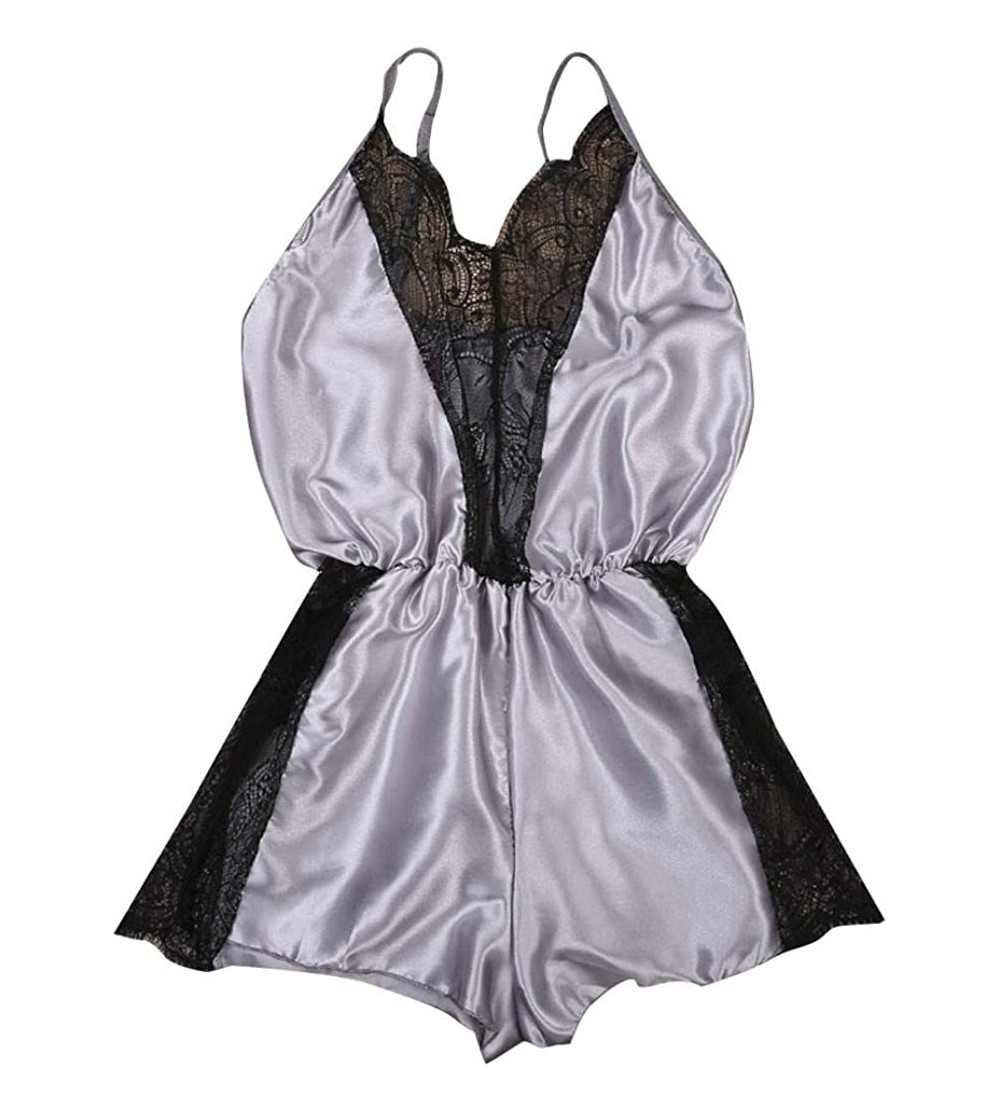 Robes Womens Sexy Badydoll V Neck Halter Backless Bodysuit Jumpsuit Lace Satin Silk Sleepwear Lingerie Underwear Gray - C2197...