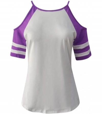 Bras Women Casual Blouse Large Size Sling Off Shoulder Short Sleeve Colorblock T Shirt Tunics - Purple - CL193GN63AE $36.07
