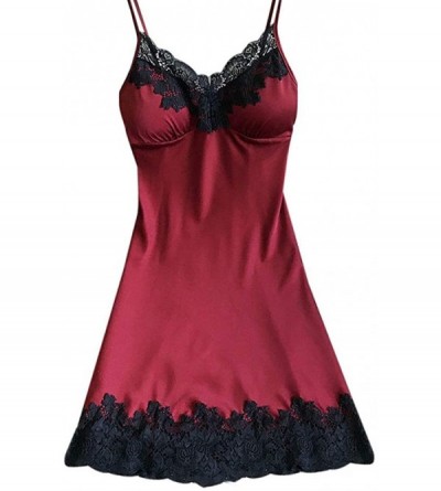 Nightgowns & Sleepshirts Sleepwear for Women Satin Sling Lace Nightdress Lingerie + Chest Pad - Wine - CC18O9C6UAH $9.85