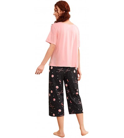 Sets Women's Cartoon Letter and Fries Short Sleeve Tee and Pants Pajama Sets - Pink Galaxy - CH197ZI3HN2 $19.54