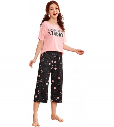 Sets Women's Cartoon Letter and Fries Short Sleeve Tee and Pants Pajama Sets - Pink Galaxy - CH197ZI3HN2 $19.54