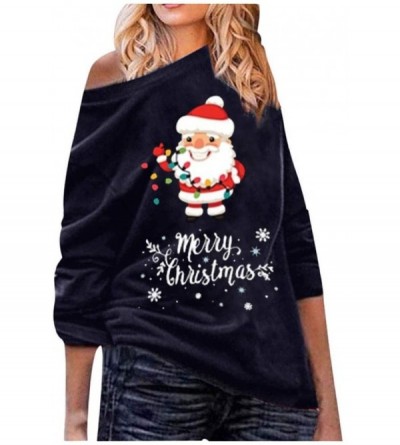 Tops Women Sexy Christmas Santa Print Skew Neck Off Shoulder Sweatshirt- Merry Christmas Print Pullover - Navy - C318ALWLI8O ...