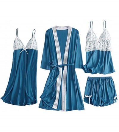 Robes 4PC Women Satin Lace Camisole Bowknot Shorts Nightdress Robe Pajamas Lingerie - Blue - CQ194TLAM2I $25.69