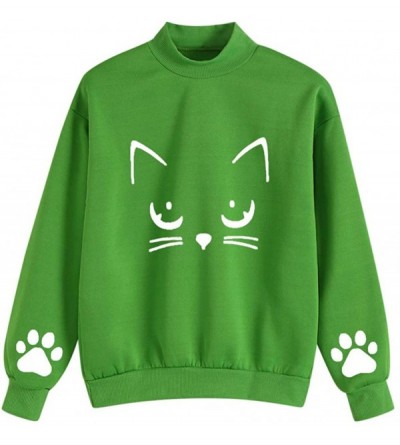 Thermal Underwear Women Casual Solid Cat Print Long Sleeve Hoodie Sweatshirt Hooded Pullover Tops Blouse - B-green - CS193ZLZ...