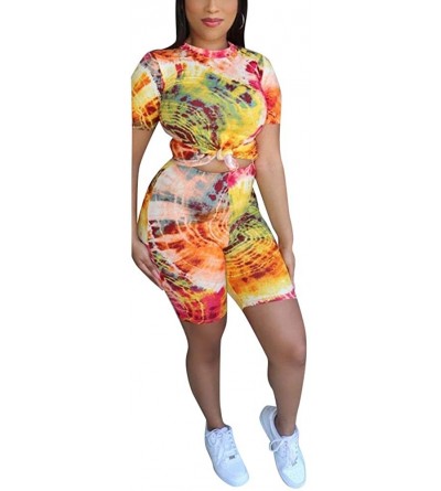Sets Two Piece Outfits for Women - Short Sleeve Tie Dye T Shirt Top Rainbow Shorts Set Tracksuit Plus Size - Yellow 1 - C0198...