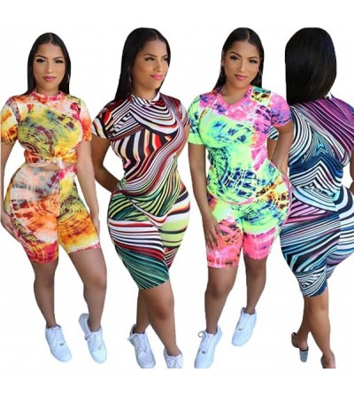 Sets Two Piece Outfits for Women - Short Sleeve Tie Dye T Shirt Top Rainbow Shorts Set Tracksuit Plus Size - Yellow 1 - C0198...