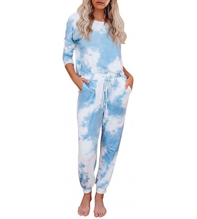 Sets Womens Tie Dye Printed Long Sleeve Long Pajamas Set Tops and Pants Joggers Loungewear Nightwear Sleepwear A Sky Blue - C...