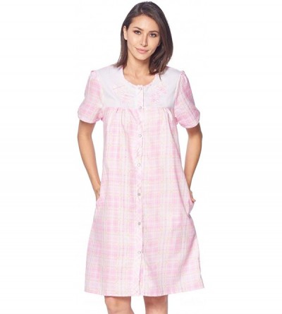 Robes Women's Short Sleeve Snap-Front Lounger Duster House Dress - Plaid Pink - C518RHHATS8 $38.94