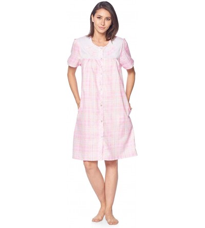 Robes Women's Short Sleeve Snap-Front Lounger Duster House Dress - Plaid Pink - C518RHHATS8 $18.29