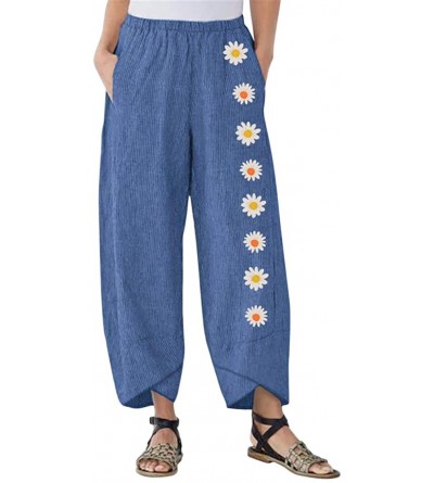 Bottoms Womens Wide Leg Palazzo Cotton Linen Pants Bohemian Yoga Hippie Flowy Harem Pajama Lounge Trousers. S XXXXL Blue - CF...