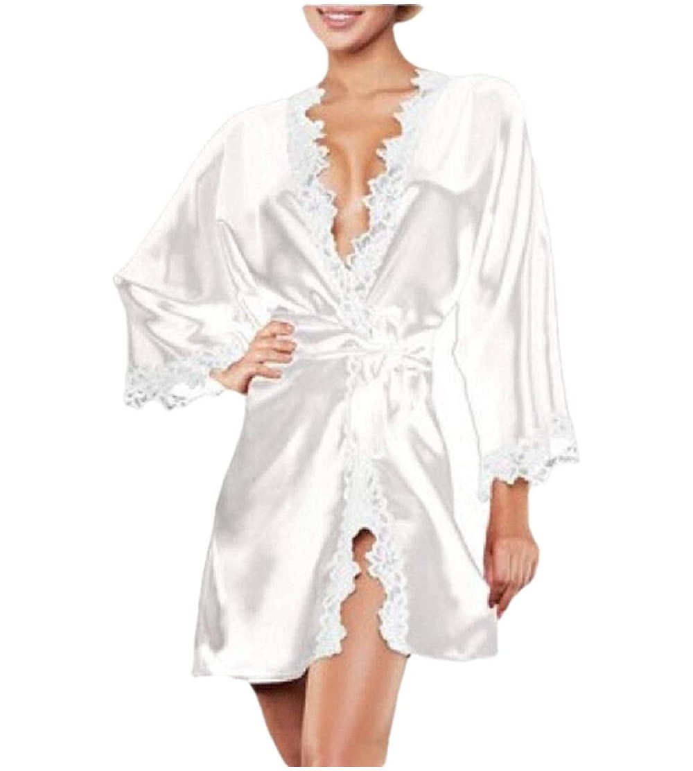 Robes Women Pure Color Short Satin Kimono Robes with Oblique V-Neck Wedding Party Gown - White - CG198RGN5YU $20.93